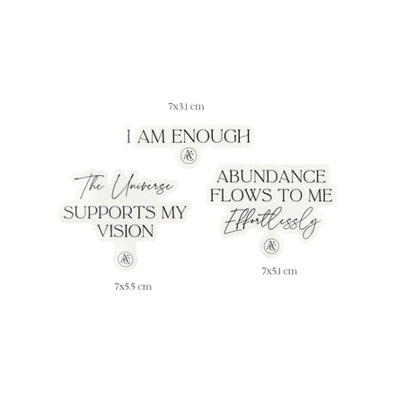 3 affirmation stickers with their measurements included