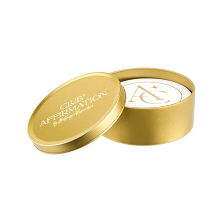 Gold tin with 'Club Affirmation' text and logo on a white background