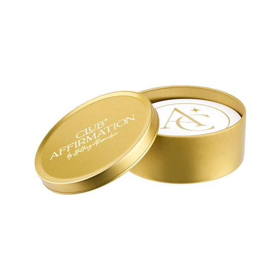 Gold tin with 'Club Affirmation' text and logo on a white background